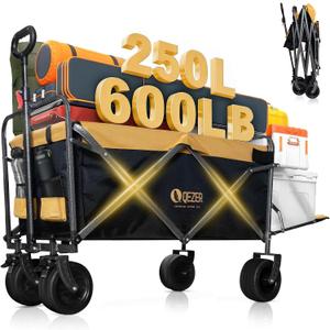  56" Large Collapsible Folding Wagon with Tailgate and Brake, 600LBS Heavy Duty Utility Cart, 250L Large All-Terrain Beach Wagon for Camping Garden Shopping Grocery Sports