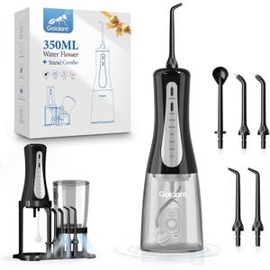 2026 New 350ML Water Flosser with Drainage & Storage Stand, Keeps Dry & Clean, 5 Modes, 360Nozzle, Cordless Rechargeable, IPX7 Waterproof, Portable for Home & Travel (Black)