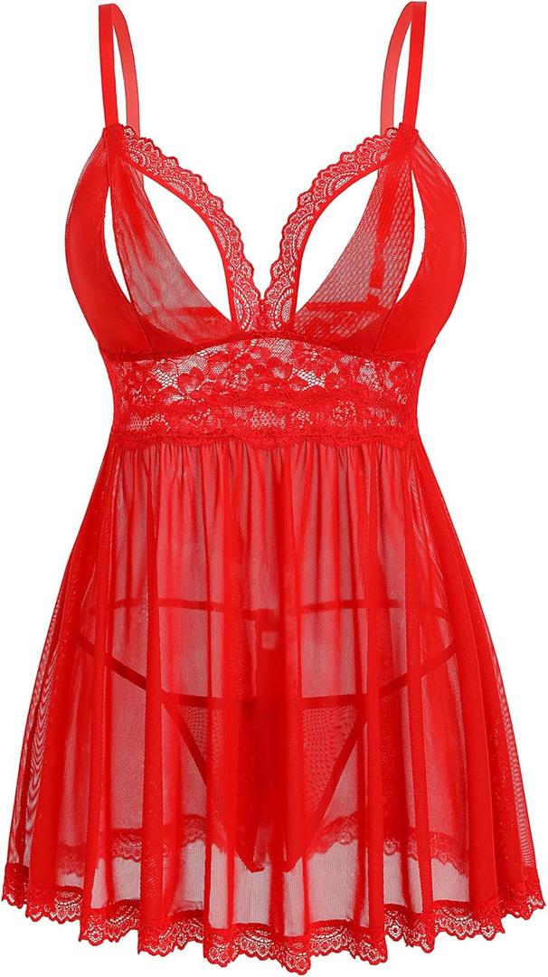 Avidlove Sexy Lace Babydoll Lingerie for Women Sleepwear Nightdress Boudoir Outfits Chemise Exotic Nightgowns, Red, S