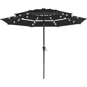 JEAREY 3 Tiers Patio Umbrella with Solar Lights 9ft Outdoor Market Table Umbrellas with Push Button Tilt for Outside Pool Garden, Black