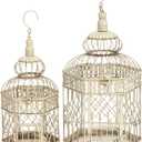 Deco 79 Metal Scroll Birdcage Distressed Wire with Latch Lock Closure and Hanging Hook, Set of 2 21", 18"H, Cream