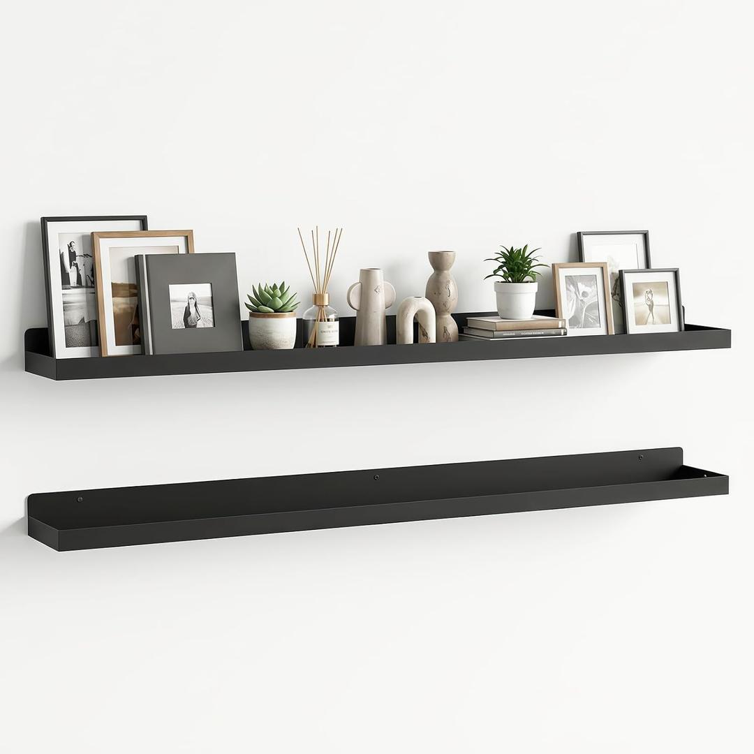 Floating Shelves Wall Mounted Set of 2, 36 Inch Long Picture Ledge Shelf with Lip, Metal Floating Shelves for Storage, Wall Shelves for Living Room, Bedroom, Bathroom, Kitchen, Black, 36x4.1x1 Inches