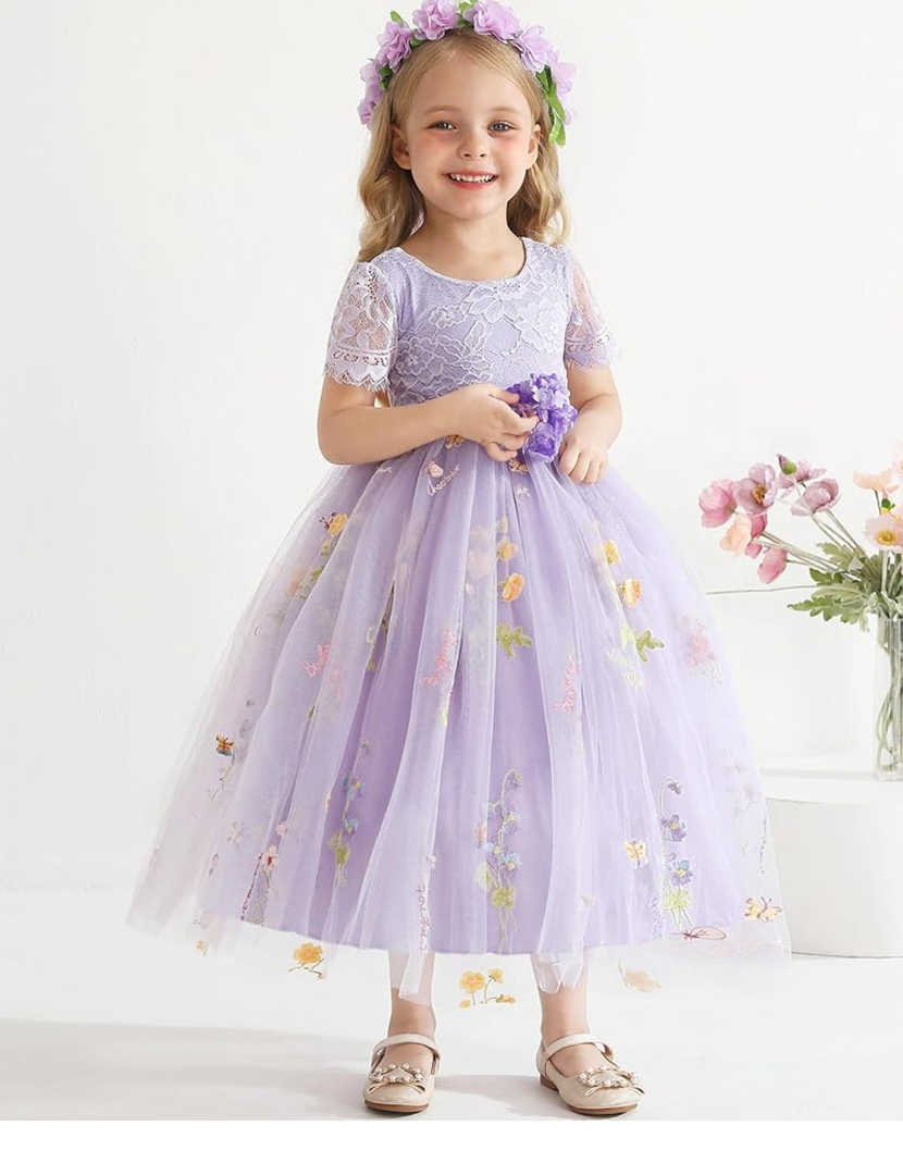 Flower Girl Lace Back V-Neck Dress Full-Length Floral Embroidered Toddler Tutu Tulle Dresses for Girls 5-6Y