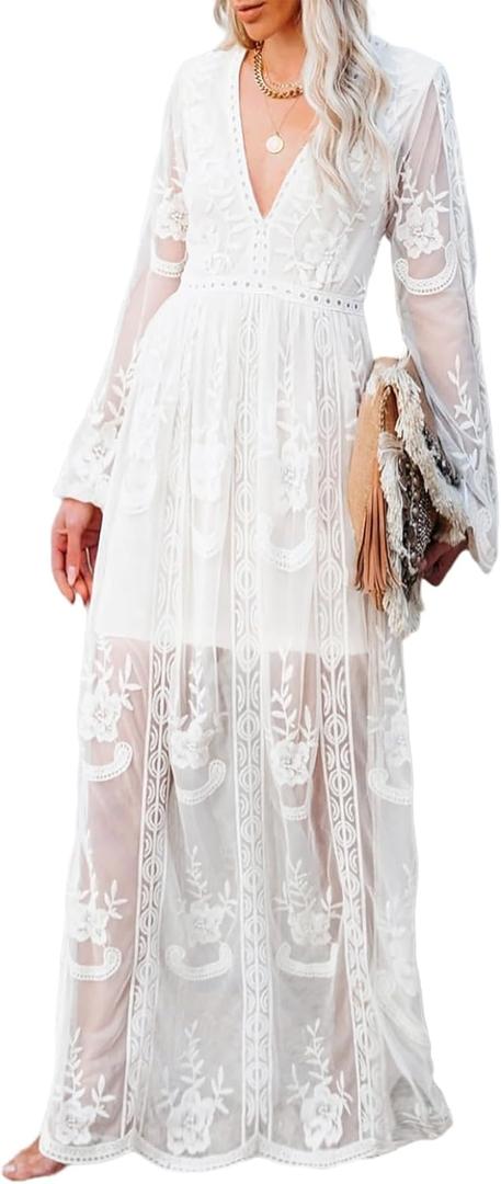 Women's Casual Off Shoulder Lace Maxi Dress Boho White Bridesmaid Wedding Evening Party Dresses (Large)