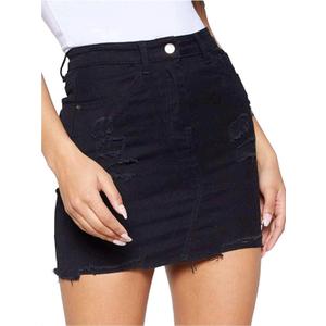 Just Quella Women's Stretch Jean Skirt Fringed Slim Fit Denim Bodycon Mini Skirt (Black Hole Washed) Medium