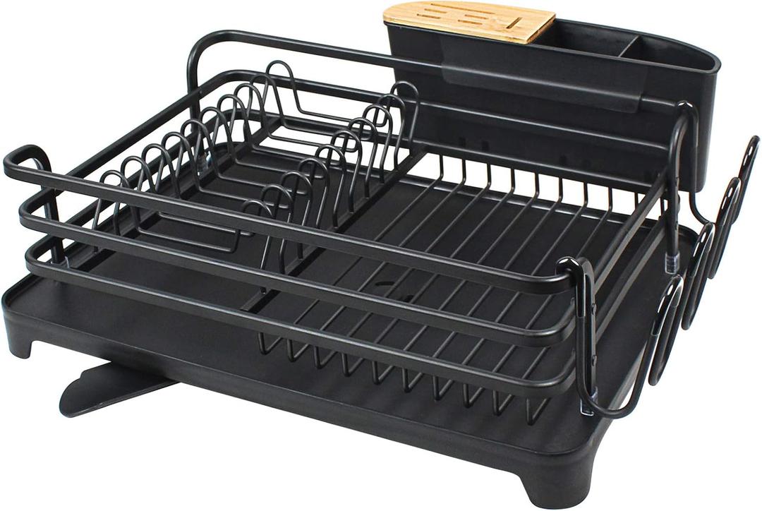 BRIAN & DANY Aluminum Dish Drying Rack, Dish Racks for Kitchen Counter, Dish Drainer with Removable Cutlery Holder & Cup Holder, 16.5" L x 11.8" W, Black