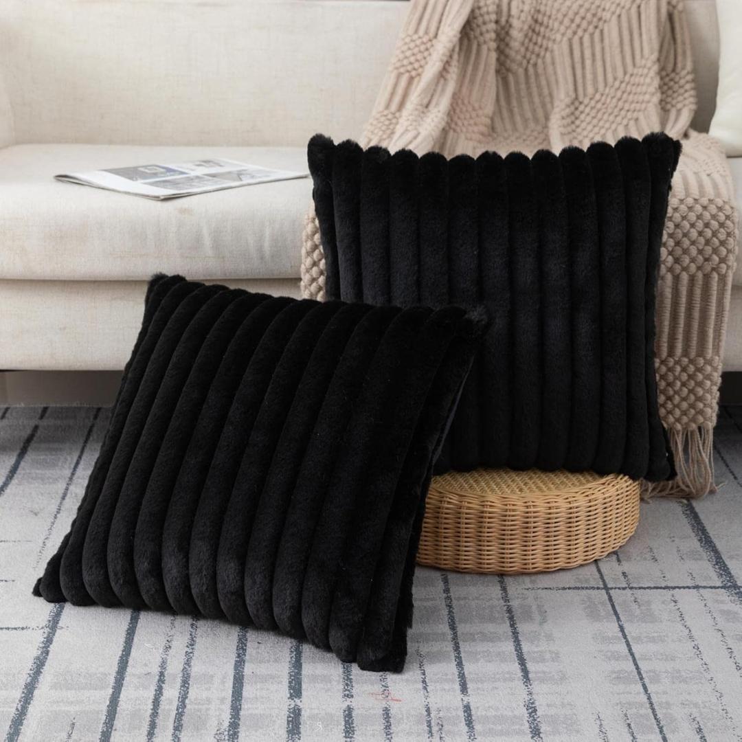 ZLINA Set of 2 Black Faux Fur Decorative Throw Pillow Covers Fluffy Striped Pillowcase Cushion Covers 18 x 18 Inch Decor Sofa Couch Bedroom