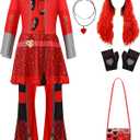 Girl Rise of Red Costume 8 Pcs Princess Red Jumpsuit Full Sets Halloween Copslay Party Dress up for Kids 4-12 Years