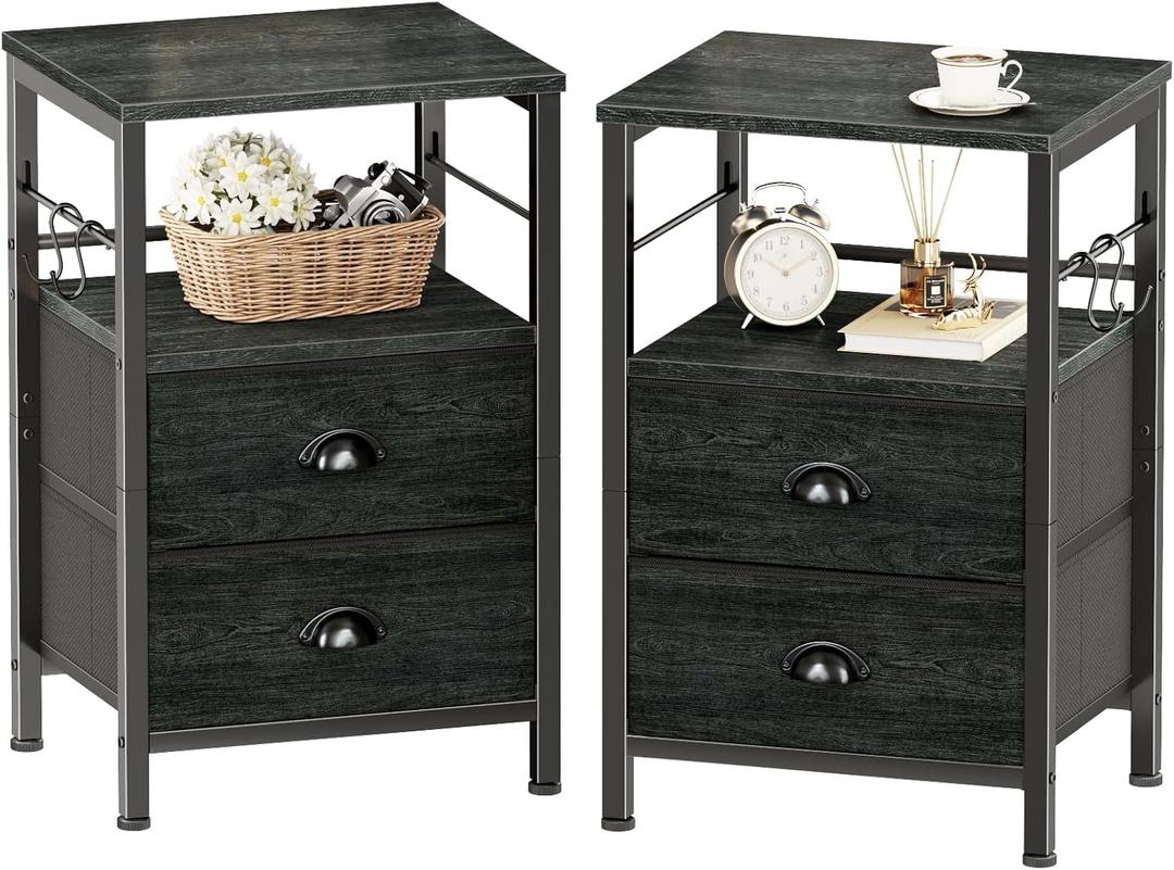 Furologee Nightstands Set 2, Night Stand with 2 Fabric Drawers, Bedside Tables with Open Shelf, Wooden Top, Hooks, Backboard Design, Metal Frame, End Tables for Bedroom/Living Room/Study/Black Oak