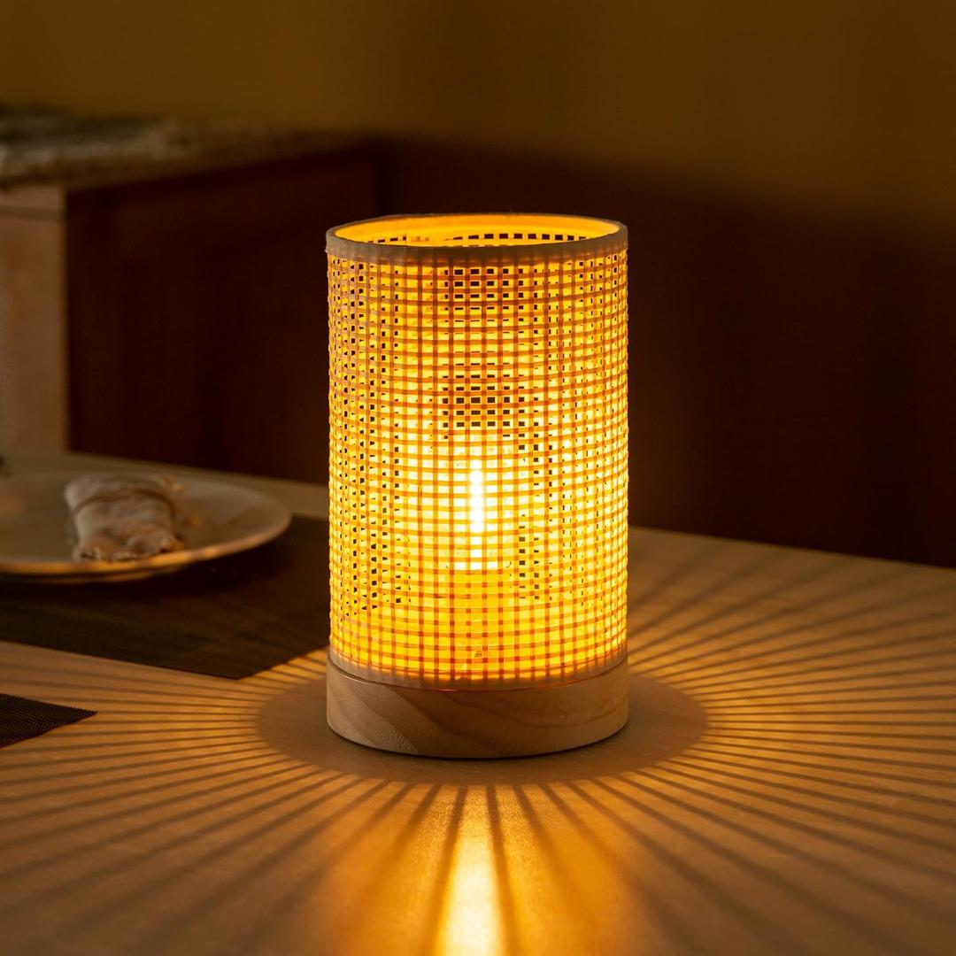 Battery Operated Lamp Boho Rattan Table Lamp with Timer, Battery Powered Lamp Bedside Cordless Accent Lamp for Livingroom/Entryway/Tabletop Decor Beige