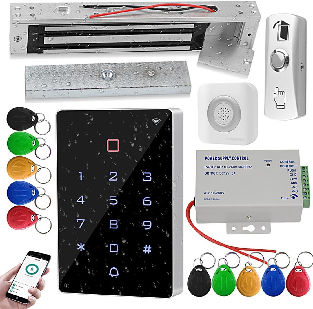 Premium Smart APP Unlocking Access Control System Kit, IP68 Fully Waterproof Electric Door Lock, APP Control/ 600lbs Magnetic Lock/DC 12V Power Adapter/Door Bell, Unlocking Logs Traceable