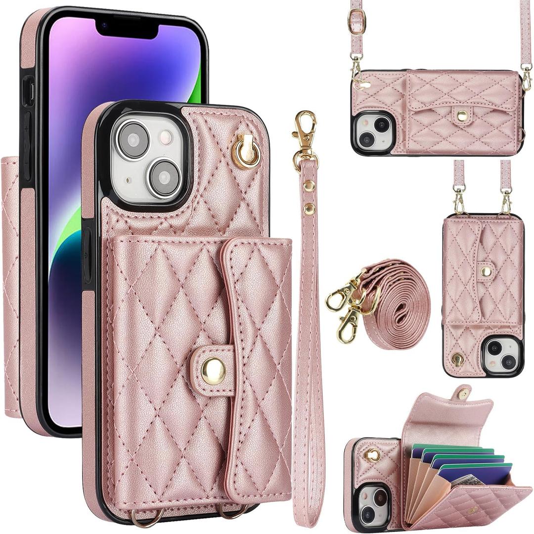 XIZYO for iPhone 15 Case, Wallet Cute Leather Case with Card Holder Crossbody Cover for Women Girls Strap Wristlet RFID Blocking Shockproof Protective Cover, Rose Gold