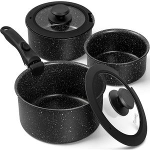MICHELANGELO Sauce Pan Set, Nonstick 1Qt & 2 Qt & 3Qt Pots with Removable Handles, Non Toxic Saucepan Set with Detachable Handle, Stackable Pot Set for RV Camping, Oven Safe - 6 Piece, Black