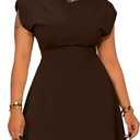 PINSV Women's Cap Sleeve Ruched Mini Dress Crew Neck High Waist Short Formal Dresses Dark Brown L (Brown, L)