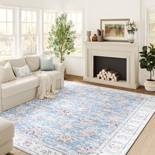 jinchan Washable Area Rug 6x9 Low Pile - Living Room Blue Floral Print Stain Resistant Large Area Rug - Indoor Distressed Boho Carpet Ultra-Thin Non-Slip Bedroom Dining Room Office Farmhouse