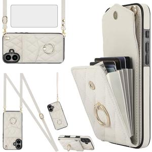 Asuwish Compatible with iPhone 16 6.1 inch Wallet Case Tempered Glass Screen Protector and Wrist Strap Ring RFID Blocking Card Holder Cell Phone Cover for i Phone16 i16 16Case Women Girls Off White