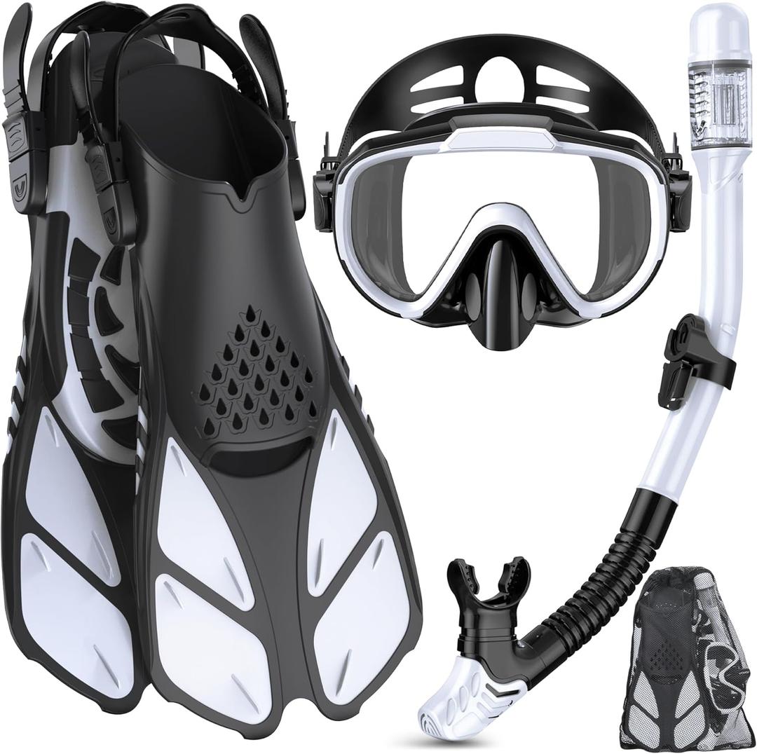 Snorkeling Gear for Adults Men Women,4 in 1 Snorkel Set with Panoramic View Diving Mask Anti-Fog Anti-Leak,Dry Top Snorkel,Fins and Travel Bag for Swimming,Snorkeling and Travel Diving (Small-Medium, WHITE)