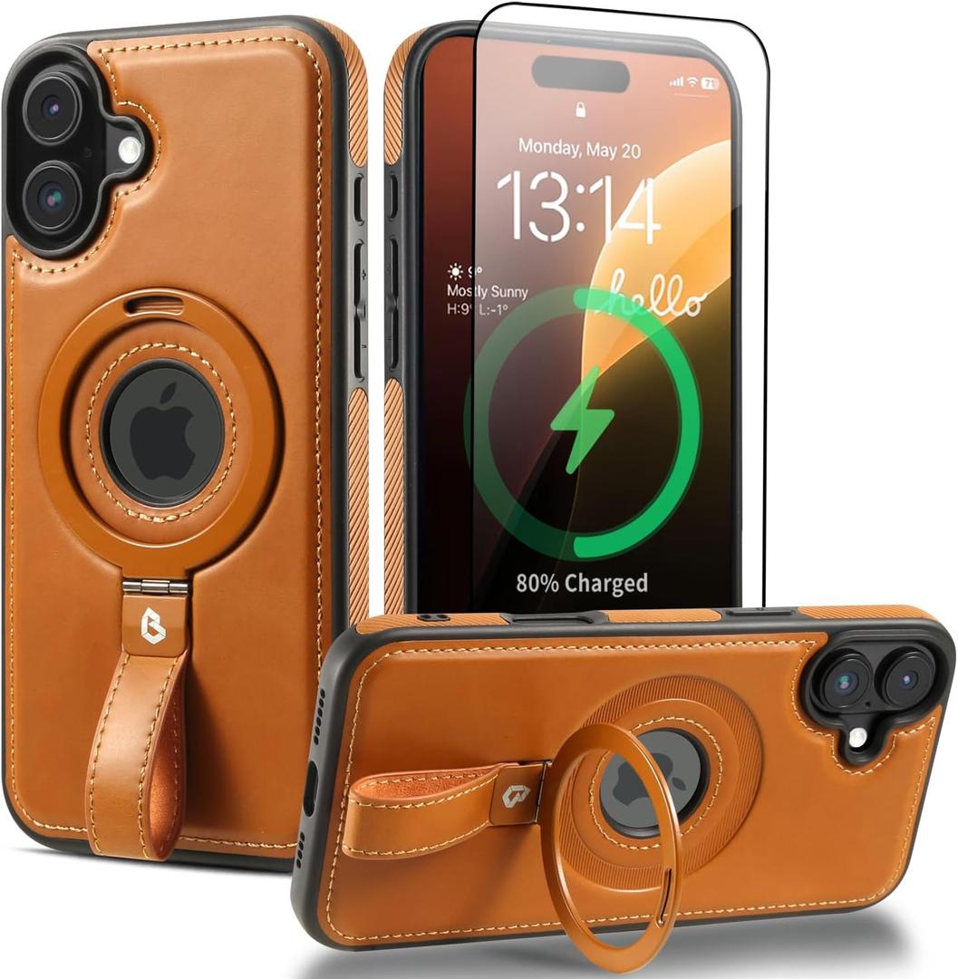 Magnetic Ring Grip Holder for iPhone 16 Case | Protective iPhone 16 Leather Case | Compatible with MagSafe | Built in Kickstand (Brown, IP 16-6.1inch)