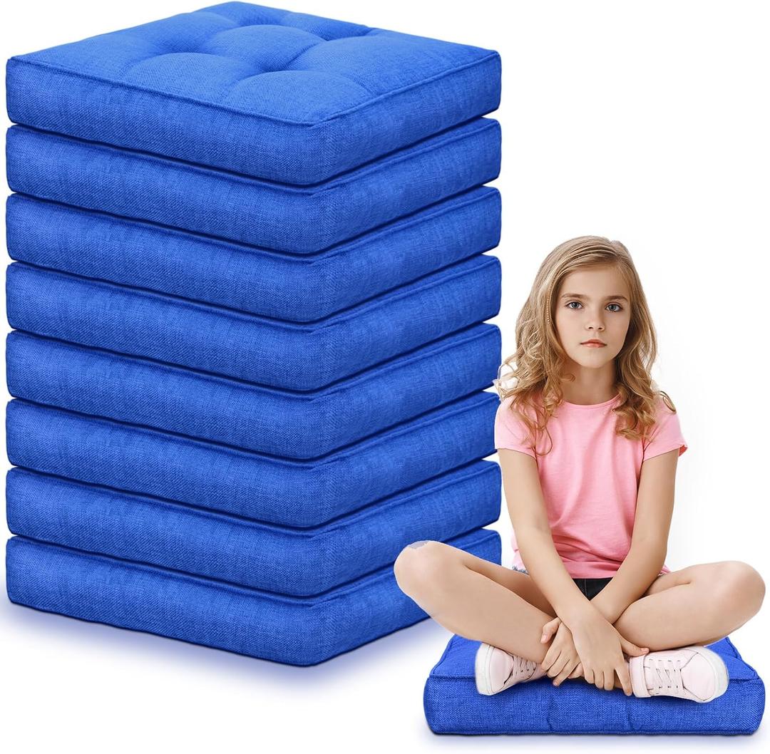 Fumete 8 Pcs Square Floor Pillows for Kids and Adult 16''x16'' Flexible Seating Floor Cushion for Classroom Multicolor Meditation Cushions for Home Daycare Preschool Yoga Meditation (Blue)