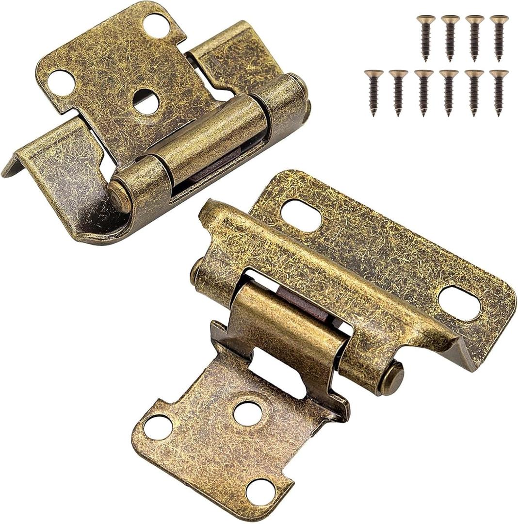 Antique Brass Cabinet Hinges for Kitchen Cabinet Door, 8 Pack (4 Pairs) 1/2" Overlay Partial Wrap Self Closing Kitchen Cabinet Hinge, Semi Hidden Cabinet Hinge for Cabinet Doors