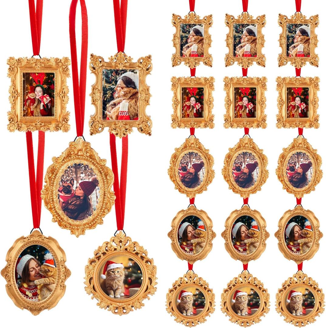 Bucherry 20 Pcs Mini Vintage Picture Frames with Velvet Ribbon Baroque Resin Small Gold Vintage Photo Frames Wall Hanging Ornaments for Picture Display DIY Christmas Tree Home Wedding Decoration
