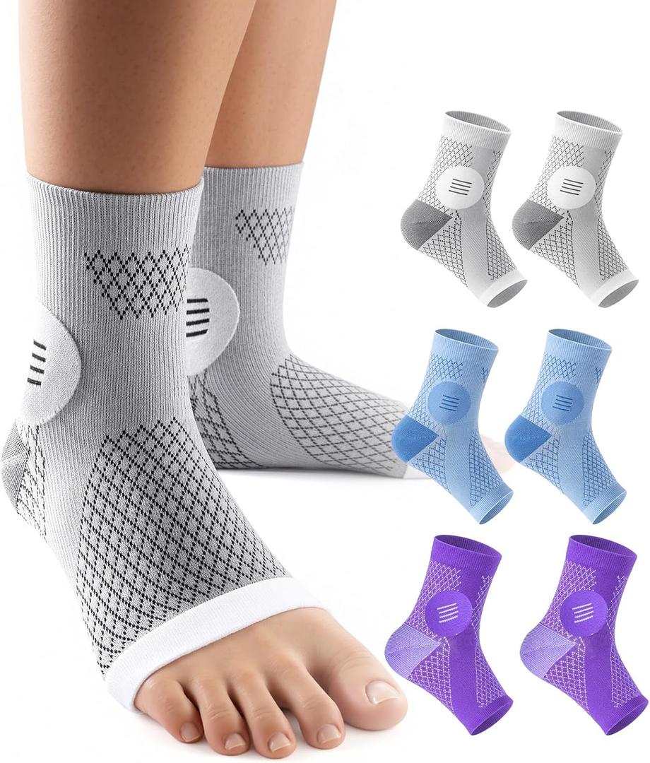 3 Pairs Neuropathy Socks for Women & Men, [Ultra Breathable] Plantar Fasciitis Socks for Achilles Tendonitis Relief, [20-30 mmHg Compression] Ankle Socks for Arch Support (Large, Grey+Blue+Purple)