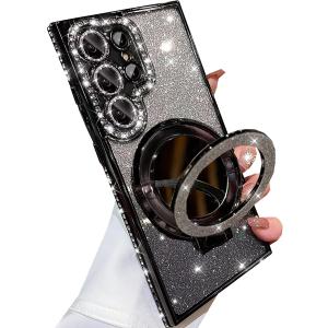 for Samsung Galaxy S25 Ultra Magnetic Kickstand Glitter Case,[Compatible with Magsafe] Bling Sparkly Rhinestone with Camera Protector Makeup Mirror Women Girls Case for Galaxy S25 Ultra,Black