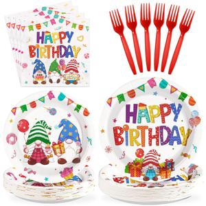 96Pcs Gnome Birthday Party Supplies Colorful Rainbow Gnomes Plates and Napkins Gnome Themed Tableware Set for Boys Girls Birthday Christmas Party SuppliesServes 24