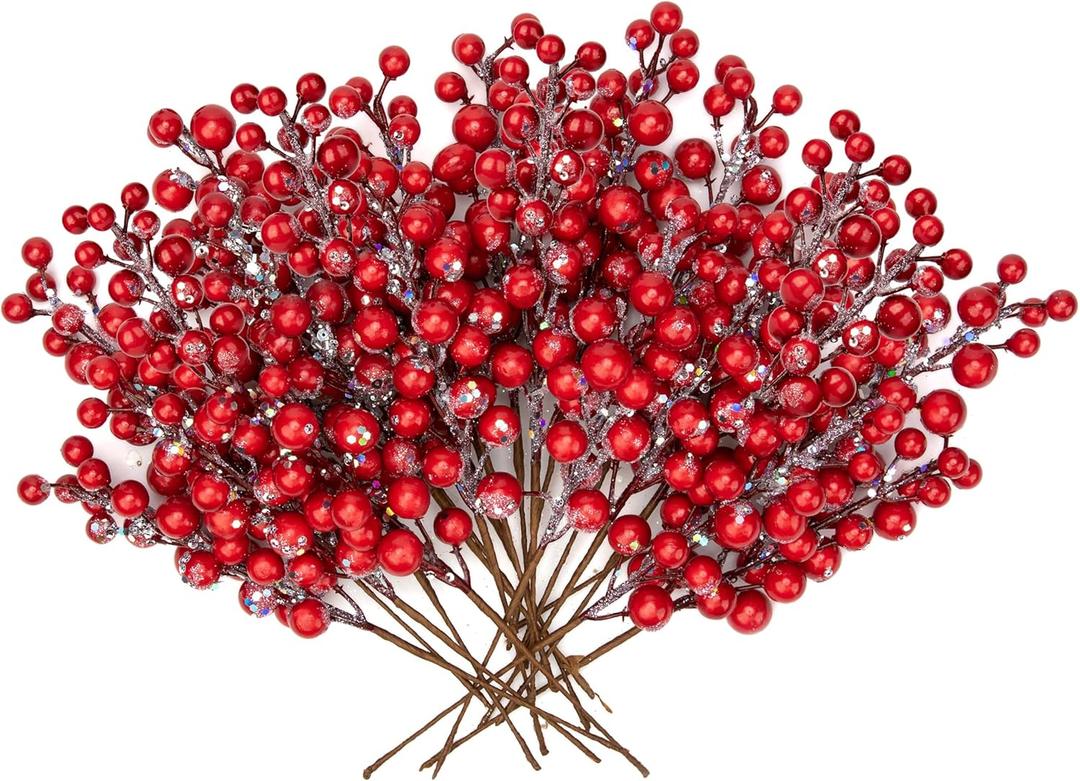 Briful 20 PCS Artificial Christmas Berry Picks, 8.7" Faux Berry Stems Spray with Glitter Paillette for DIY Crafts Wreath Garland Party Christmas Ornaments Dcor (Small-red)