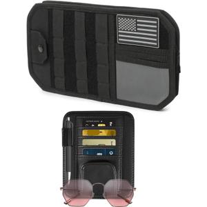 2 Pack Car Sun Visor Organizer, Auto Interior Accessories Tactical Molle Panel & PU Leather Visor Storage Pouch with Sunglasses Clip, Multi-Pocket Document Holder for Truck SUV Car Gear