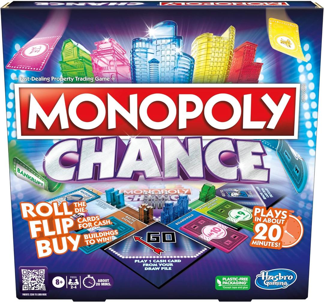 Monopoly Chance Board Game for Adults and Kids | Fast-Paced Family Party Game | Ages 8+ | 2-4 Players | 20 Mins. Average