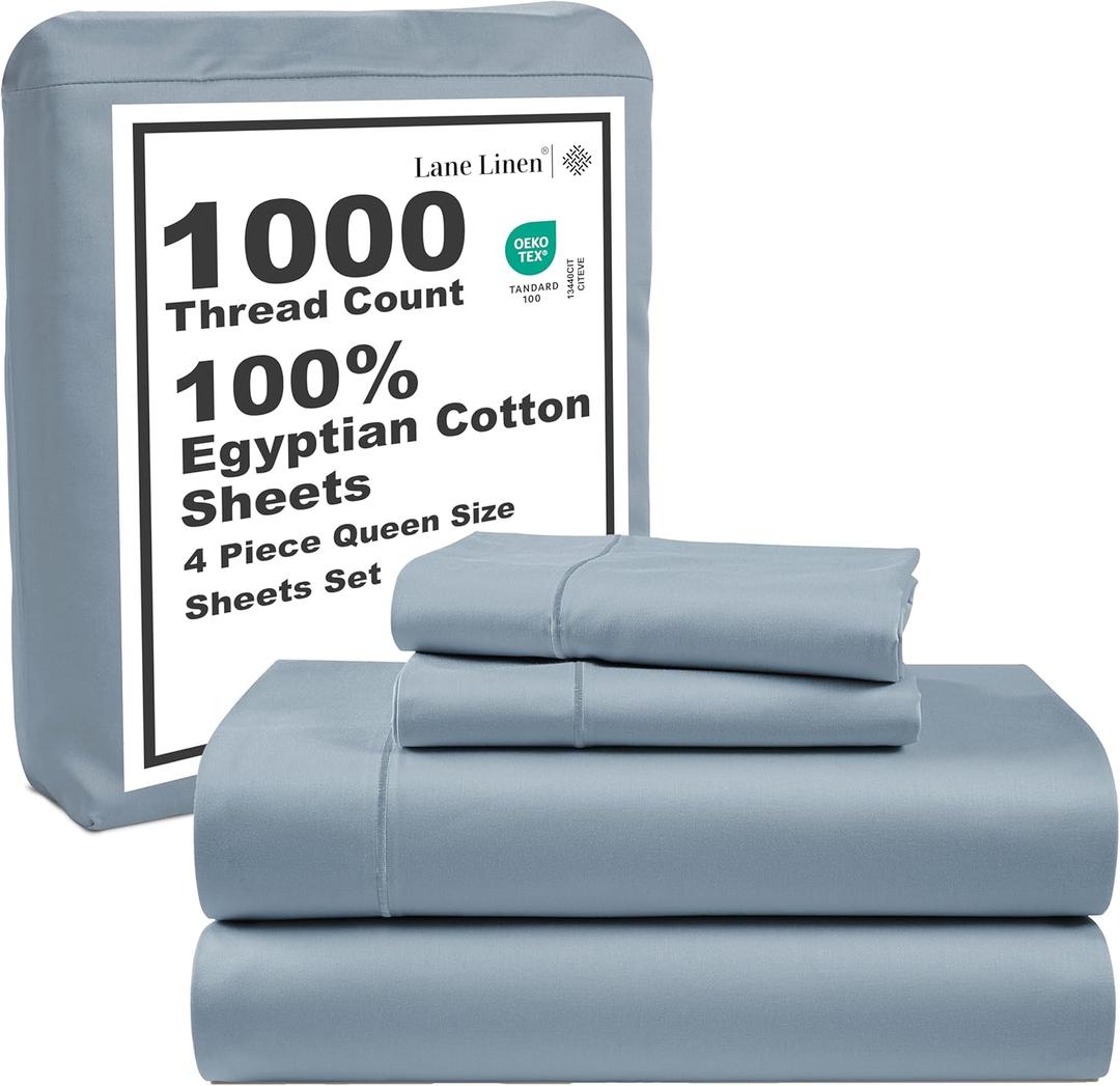 LANE LINEN 100% Egyptian Cotton Queen Sheet Set, 16 inch Deep Pocket Fully Elasticized French Reinforced Pocket Seams for Soft, Comfy & Fresh Bed Eco Friendly Cooling Sheets Queen -Blue (22. Sky Blue)