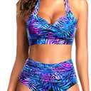 Tempt Me Women Two Piece Vintage Swimsuit Retro Halter Ruched High Waist Bikini with Bottom (Large, Blue Purple Leaves)