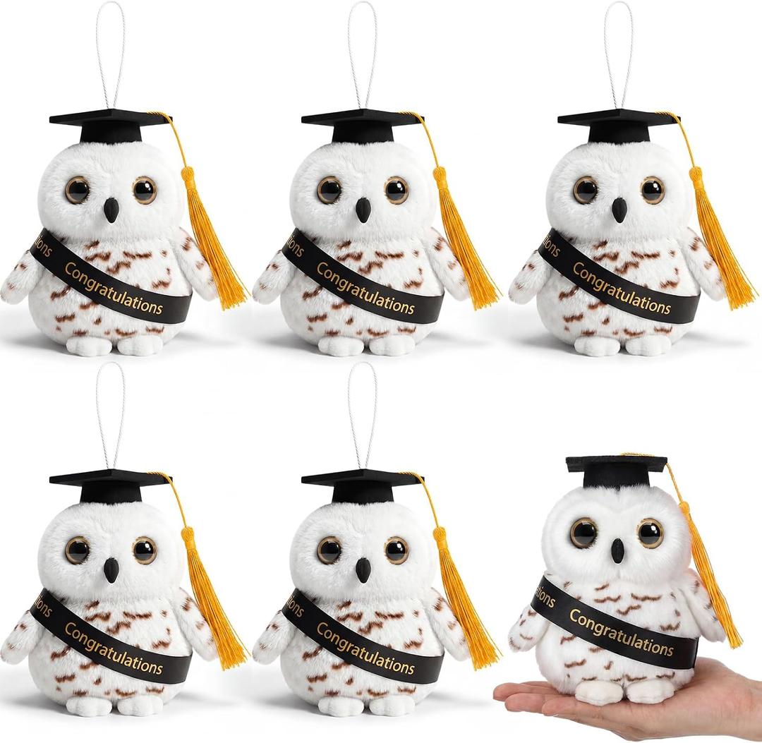 6 Pieces Graduation Plush Owl Keychain 5 Inch Stuffed Animal Party Favors Snowy Owl Key Chain Bulk for Birthday Party Gifts Decorations