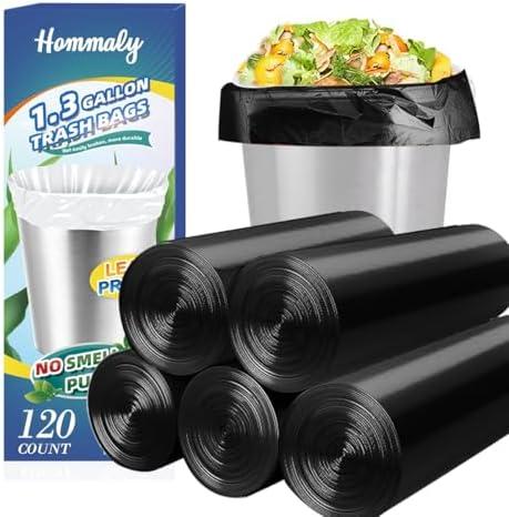 1.3 Gallon 120 pcs (1.2-1.3 Gal) Small Black Trash Bags, Strong 1.2 Gallon 1.3 Gallon Garbage Bags, Bathroom Trash Can Bin Liners,Mini Bags Waste Basket Liner,Fit 5-6 Liter, 1-1.3 Gal-Black-120
