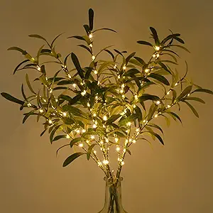 Waipfaru 5pcs 29'' Olive Branches for Vases with Battery Operated Lights, Lighted Olive Tree Branches with Timer, Artificial Greenery Stems Decor for Centerpieces Flower Arrangements Vases