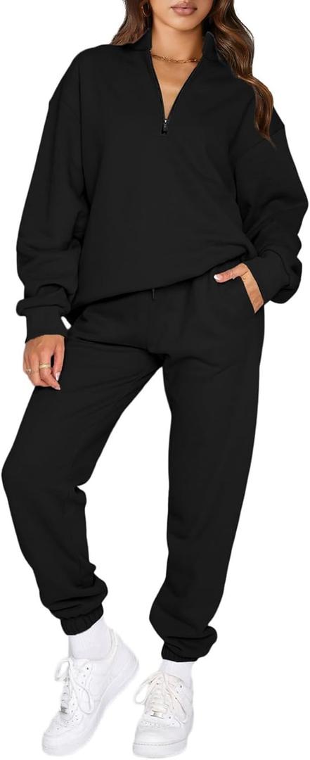 Aleumdr Women 2 Piece Outfits Sweatsuit Oversized Half Zip Pullover Long Sleeve Sweatshirt Jogger Pants Set with Pockets (X-Large, Lighter Weight Black)