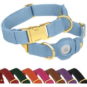Leather Airtag Dog Collar - Soft Tracking Dog Collar with Apple AirTag Holder and Metal Buckle - Safety GPS Pet Collars for Small Medium Large Dogs Puppy Pink Red (Cornflower, S, 12"-15" Neck Fit)