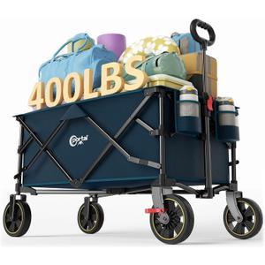 Portal Collapsible Folding Wagon Cart, 400lbs Heavy Duty Foldable Wagons with Wheels & Brake, Utility Grocery carts for Outdoors Camping, Shopping, Sports, Garden, Beach, Blue