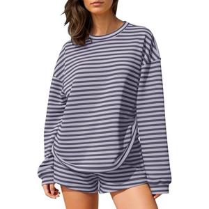 MISSACTIVER Women's Striped Lounge Set Long Sleeve Tee Shirts Drawstring Wide Leg Shorts Matching 2 Piece Pajamas Set small