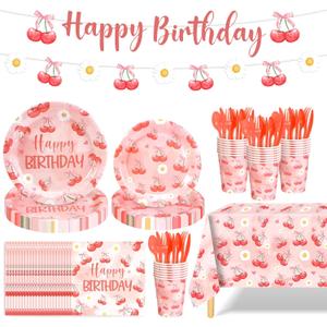 170 PCS Cherry Birthday Party Supplies Serves with 24 Includes Plates and Napkins,Banners,Cups and Tablecloth, Birthday Decorations(Cherry)