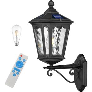 Solar LED Wall Light Outdoor with Remote Control, 22'' Front Door Sconce Dusk to Dawn 3 Lighting Modes Solar Exterior Wall Lantern Outside Lights for Patio Doorway Porch Walkway, Black, Medium