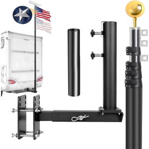 16FT RV Flagpole with Heavy-Duty Stainless Steel Bracket & an Embroidered Flag, 3-in-1 Frame/Trailer Hitch/Bumper Mount Design, RV Camping Flagpole, Thickened Aluminum Flag Pole, 80 MPH Wind Resistant