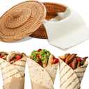 Wenqik 10 Inches Tortilla Warmer 2 Cotton Towel Cloth Handcrafted Rattan Tortilla Holder with Lid Rustic Mexican Basket for Pancake Taco Bread(Classic Style)