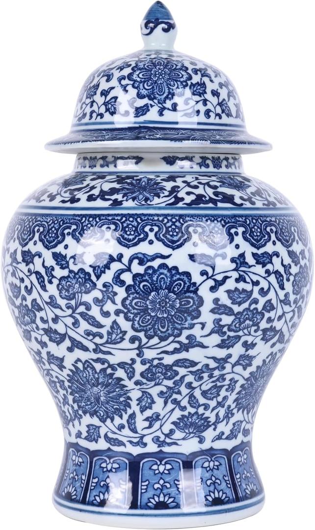 Big Chinoiserie Blue and White Porcelain Ginger Jar with Lid- Handcrafted Decorative General Ginger Jars for Home Decor, Ginger Jar Vase (King Branch)