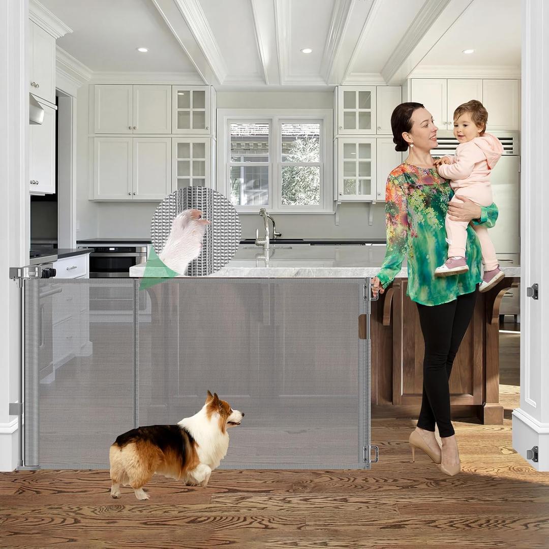 Upgraded 60" Wide Retractable Dog Gate with Reinforced Rods - Bottom Anti-Escape, 5 ft Retractable Baby Gates for Doorways Retractable Gates for Dogs Indoor/Outdoor Retractable Pet Gate, Gray