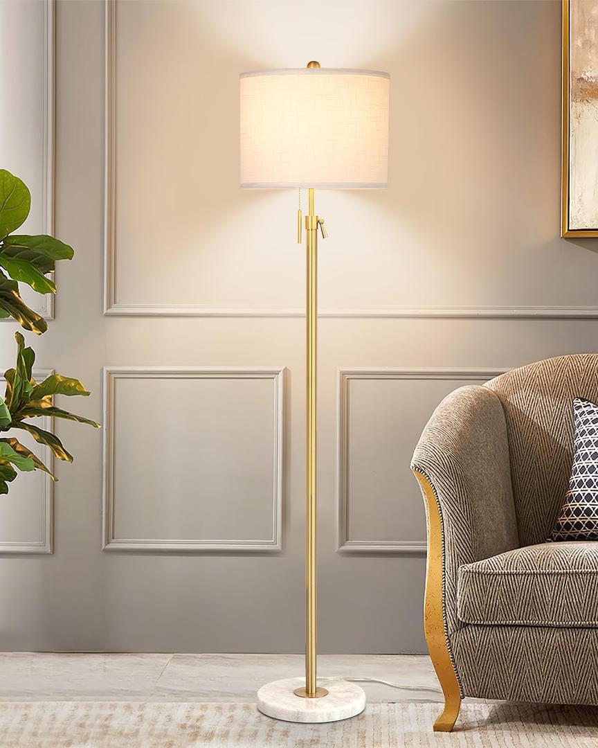 Modern Floor Lamp for Living Room, Adjustable Height Standing Lamp with Marble Base, 3-Way Dimmable Gold Brass Tall Pole Light with White Linen Shade for Reading, Bedroom, Chain Switch, Bulb Included (Gold)