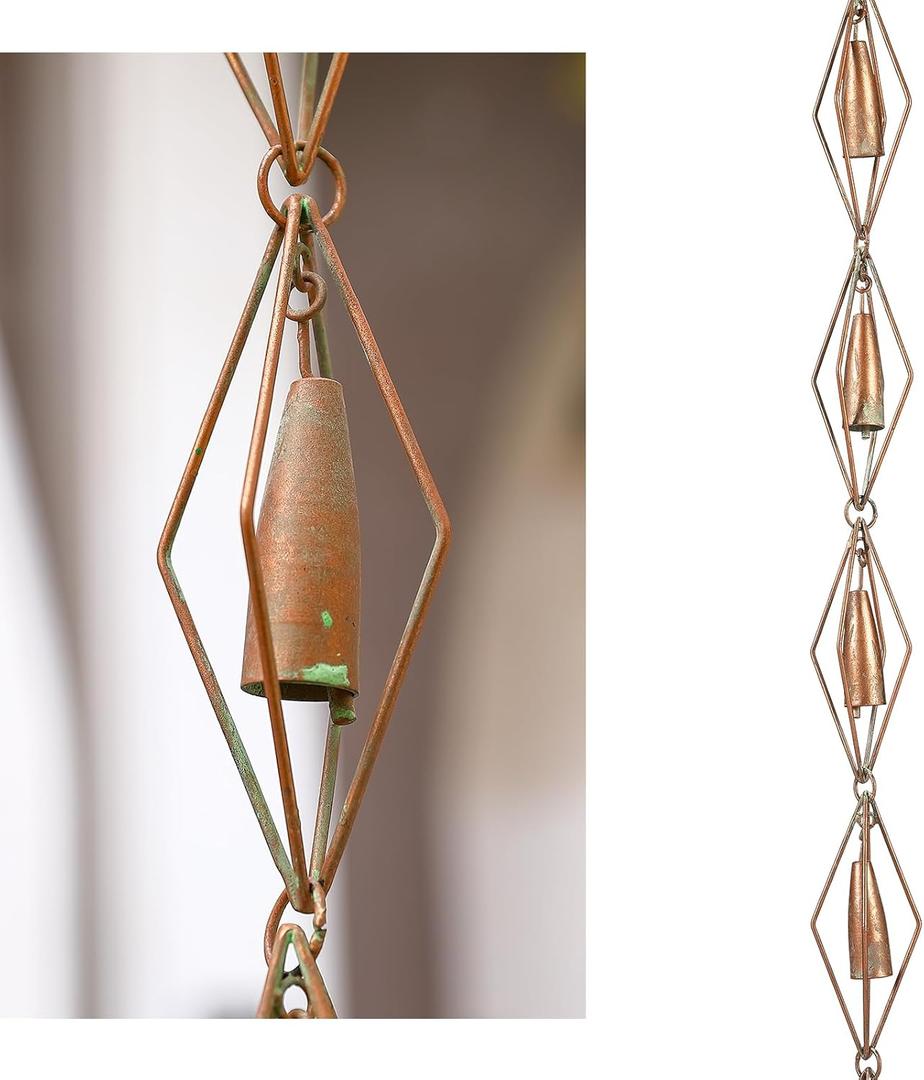 8-1/2 Feet Diamond & Bell Rain Chain for Outsides, Rain Catch Chains for Gutters Downspouts, Copper Patina Finish Iron