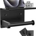 Tindbea Toilet Paper Holder with Phone Shelf + Towel Robe Hooks, Adhesive or Screw Wall Mounted Toilet Paper Roll Storage, Stainless Steel Bathroom Tissue Roll Holder (Matte Black) (Regular)