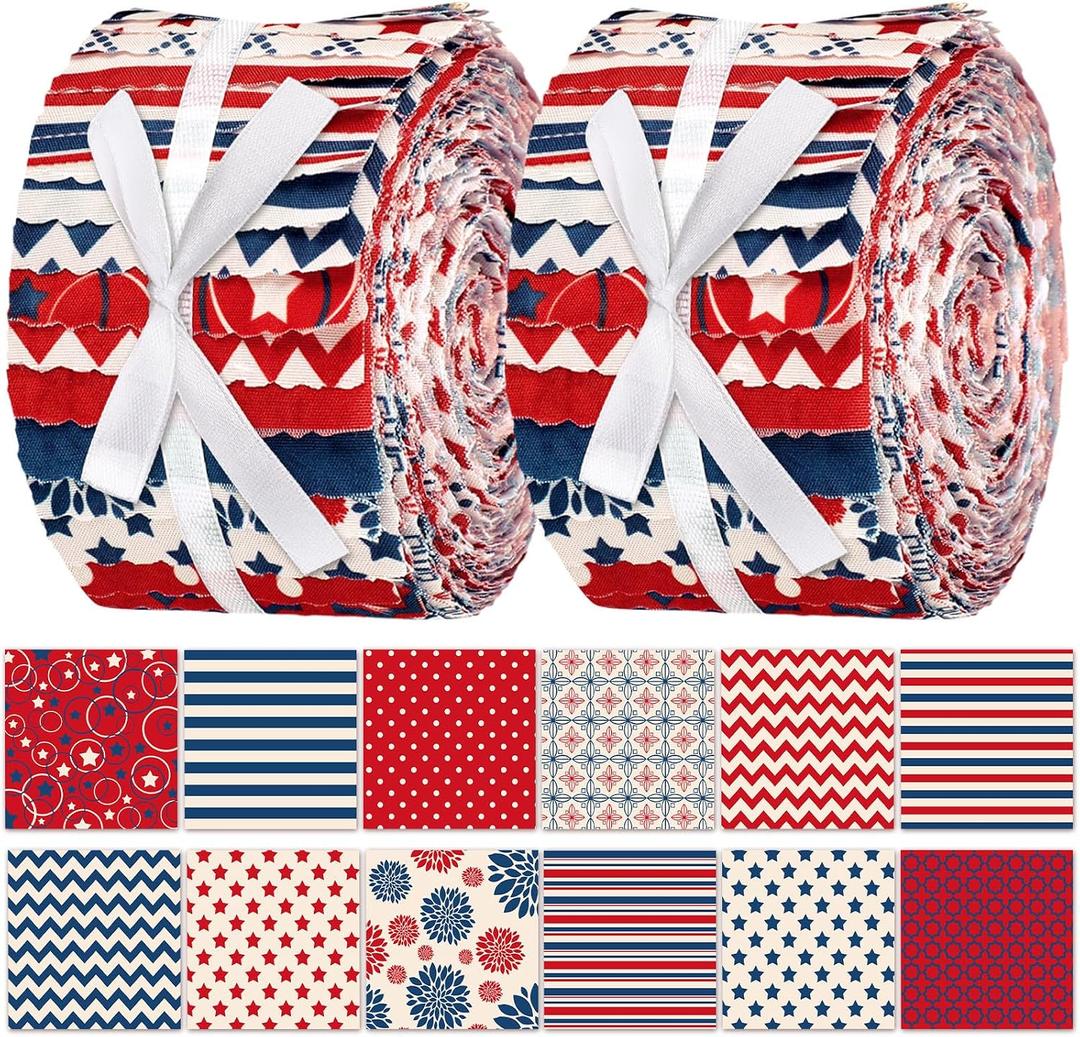 Hosuly 40 Pcs Patriotic Quilting Fabric 2.55" Red White Blue Jelly Fabric | American Flag Star Fabric Strip, 2.55 x 39.4 in Patchwork Bundle Roll for Patriot Labor Veterans Day Rug Blanket DIY Craft